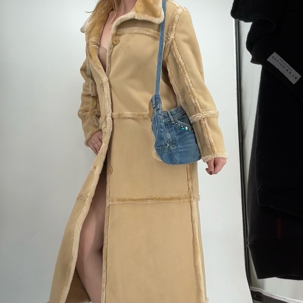 Vintage 90s Y2K Faux Fur Long Line Brown Trend Coat Button Up Teddy Brown Warm